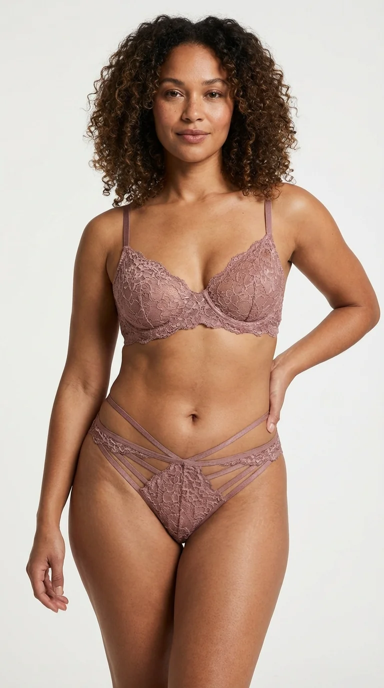 Önü Çoklu Bantlı (Strappy) Dantel Tanga Dusty Rose - Kafes Görünümlü ve İpli Model - Ön Görünüm - LunaIntim